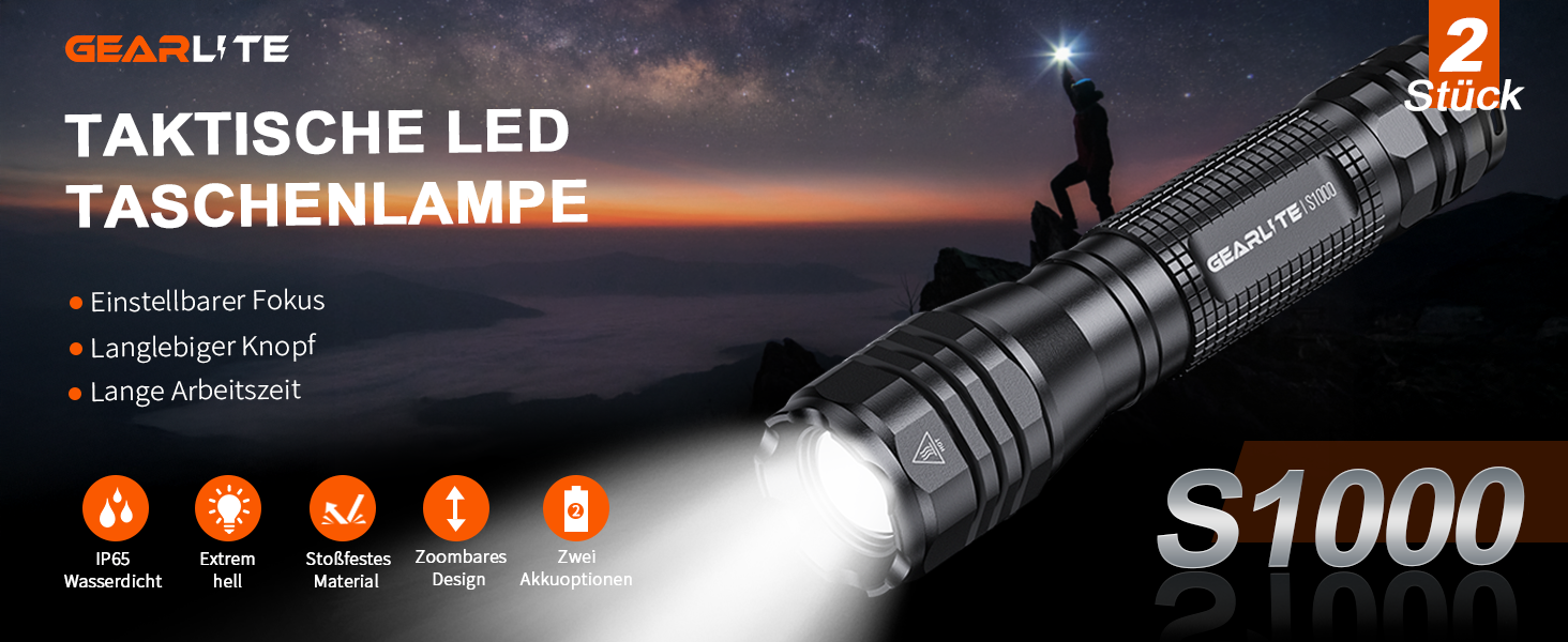 LED ліхтарик GEARLITE 4000 Lumen: 2 шт. в комплекті, водонепроникний, з зумом, для кемпінгу, туризму, надзвичайних ситуацій