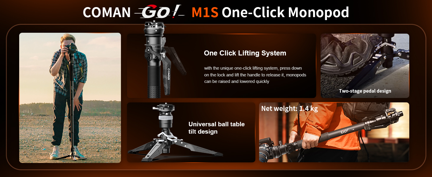 Монопод COMAN M1S з підставкою, 165 см, карбонове волокно, 360° поворотна голова, для камер Sony, Canon, Nikon, DSLR, максимальне навантаження 10 кг