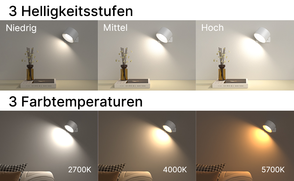 LED настінне освітлення Mexllex: 2 шт., USB-зарядка, 3 кольори, 3 режими яскравості, 360° поворот, сенсорне керування, бездротове, білий