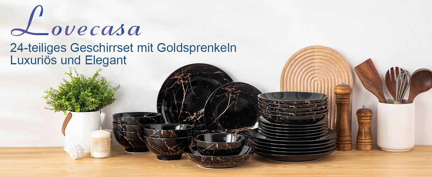 Набір посуду Lovelcasa Sweet Daphne 32-елементний, порцеляновий сервіз з золотим декором для 8 осіб (чорний)