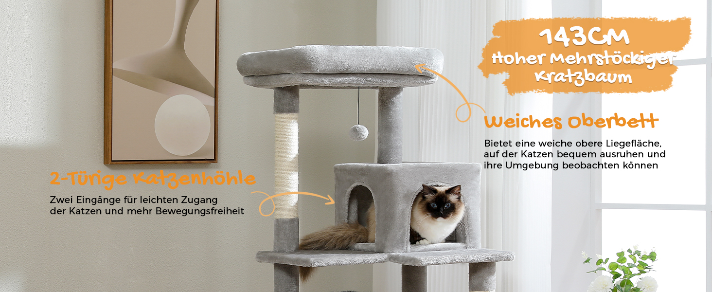 Комплекс для котів PAWZ Road з гамаком, будиночком та когтеточками, сірий, 143 см