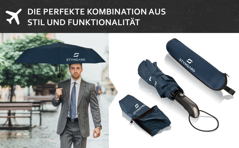 STYNGARD Тристонний парасолька, стійкий до вітру до 140 км/год, з автоматичним відкриванням, тефлонове покриття, довга ручка, модель TRONDHEIM, блакитний