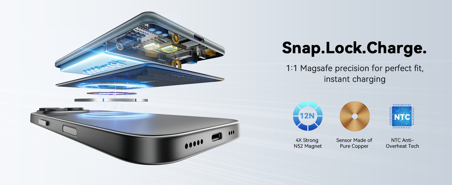 Power Bank Kuulaa MagSafe 5000mAh з бездротовою зарядкою та USB-C, для iPhone 17/16/15/14/13/12, сірий колір