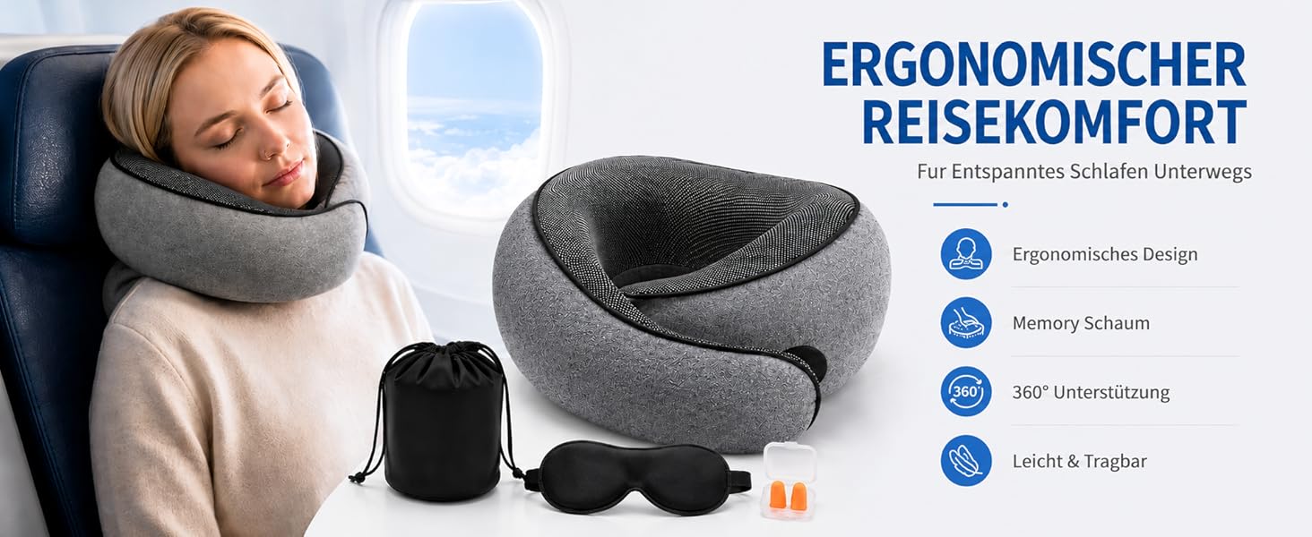 Ергономічна подушка для подорожей під шию з ефектом пам'яті (Memory Foam), темно-сіра