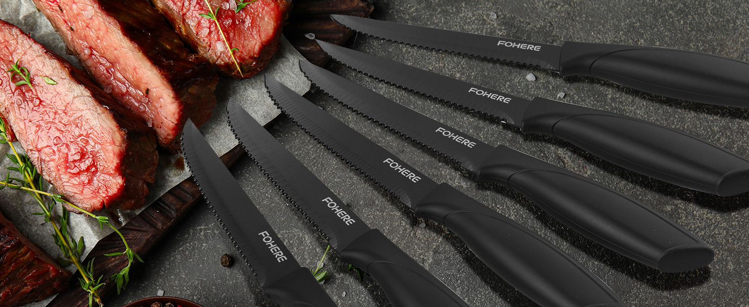 FOHERE 13-Piece Stainless Steel Knife Set with Block & Sharpener - Ergonomic Black Granite Handles
