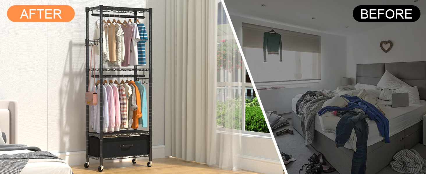 Clothes Rack, Clothes Rack, 4 Tier, Adjustable Closet Organizer System with Drawer | Double Rods | Side Hooks | Holds 445 lbs