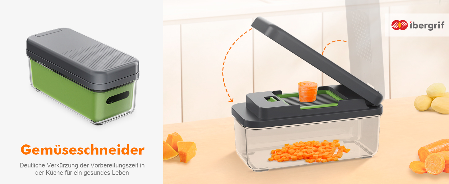 Ibergrif M521 – Мультифункціональний подрібнювач овочів 6-в-1, 1200 мл, чорно-зелений