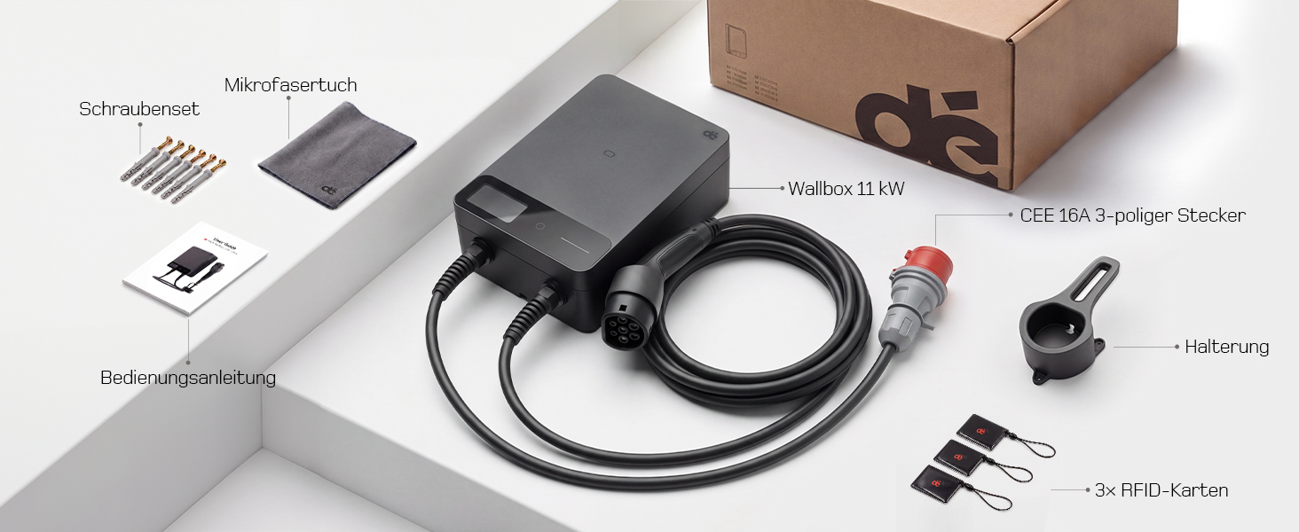 Wallbox 11 кВт з Wi-Fi та кабелем Type 2 7,5м, 3-фазне зарядне для електромобілів (BEV/PHEV), захист RCD Type A 30mA/DC 6mA, IP54, чорний