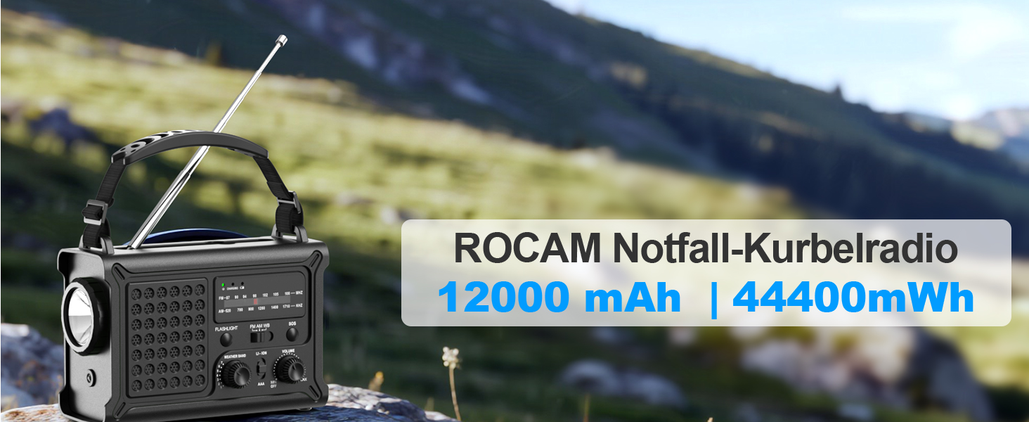 Радіо на сонячній енергії ROCAM 12000mAh з ручним генератором, AM/FM, LED ліхтарик, USB, SOS, IPX6, для кемпінгу та надзвичайних ситуацій (Чорний)