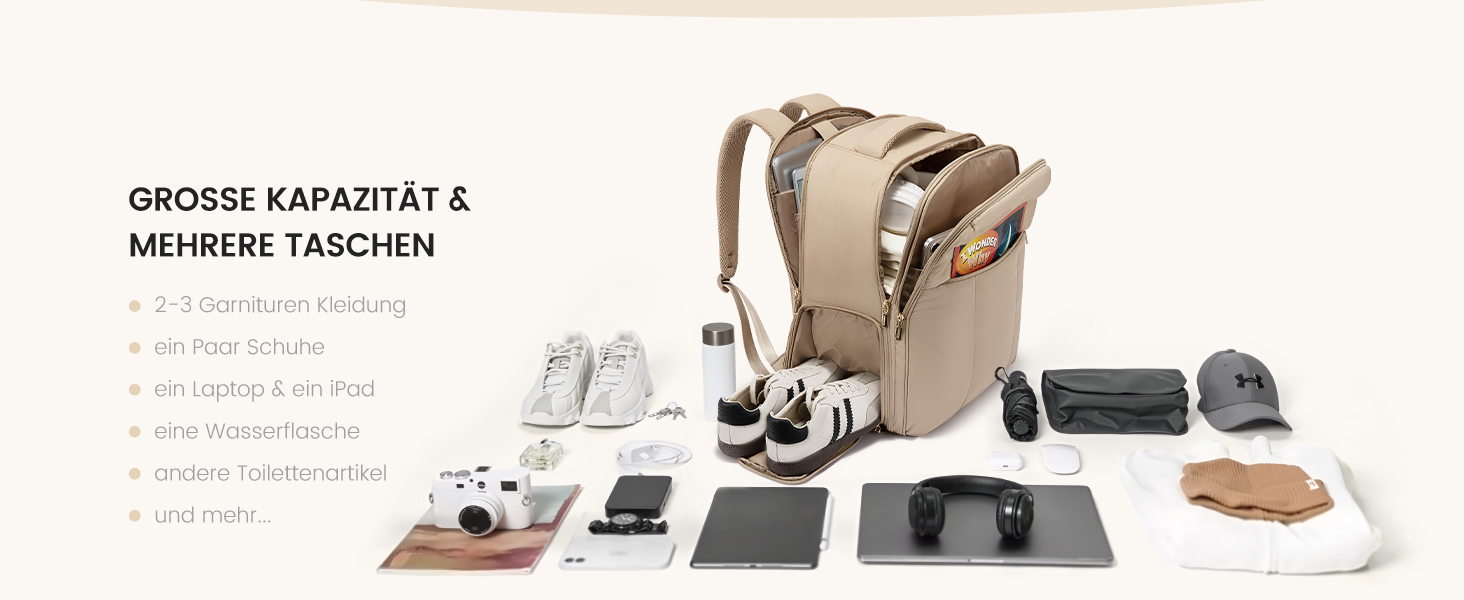 Рюкзак LOVEVOOK для жінок, 40L, ручна поклажа, для подорожей, з відділенням для взуття та ноутбука 17 дюймів, водонепроникний, для бізнес-поїздок та відпочинку, бежевий