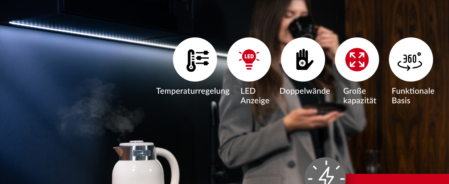 Електричний чайник LEHMANN з регулюванням температури 40-100°C, 1,5L, функцією підігріву, швидким нагріванням, LED-дисплеєм, нержавіючою сталлю, автовимкненням та захистом від перегріву, BPA-free, кремовий