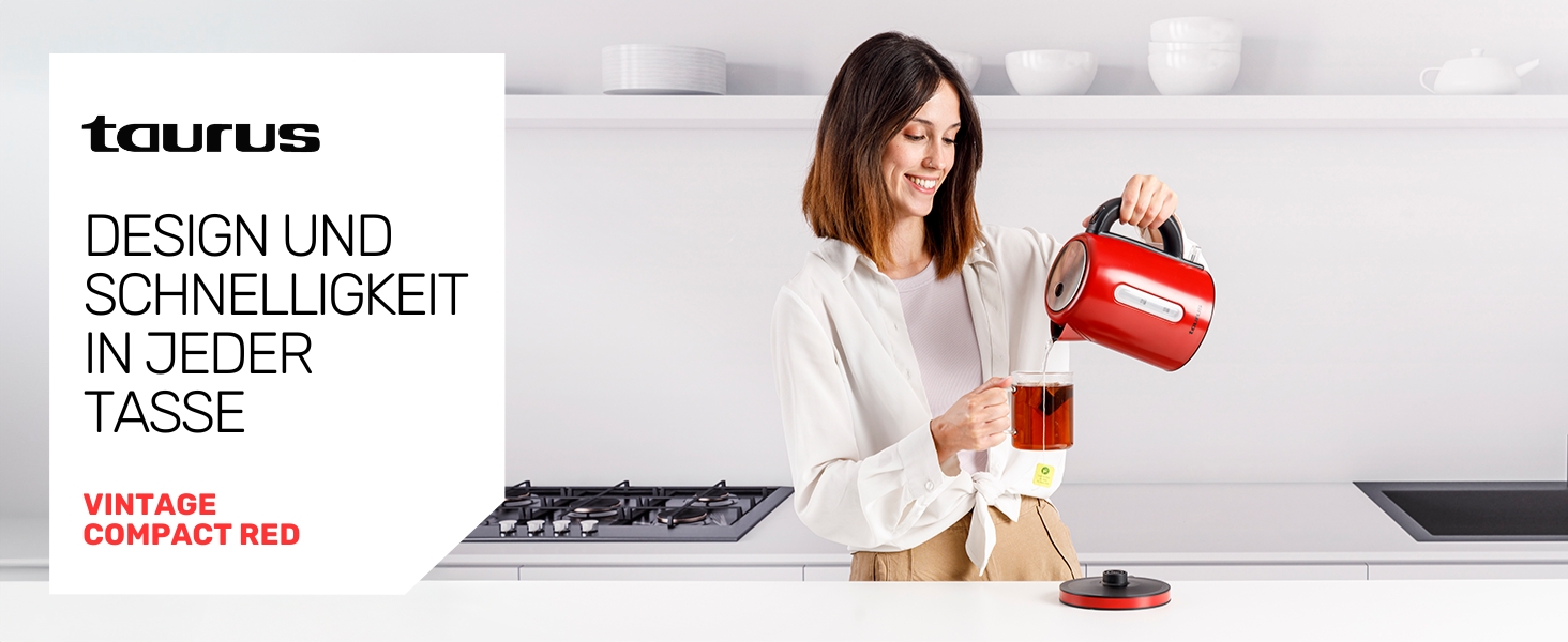 Електричний чайник Taurus Vintage Compact Red 2400W, 1л, 360° обертання, автоматичне відключення, LED-дисплей, без BPA, нержавіюча сталь, індикатор рівня води, ретро-дизайн, червоний