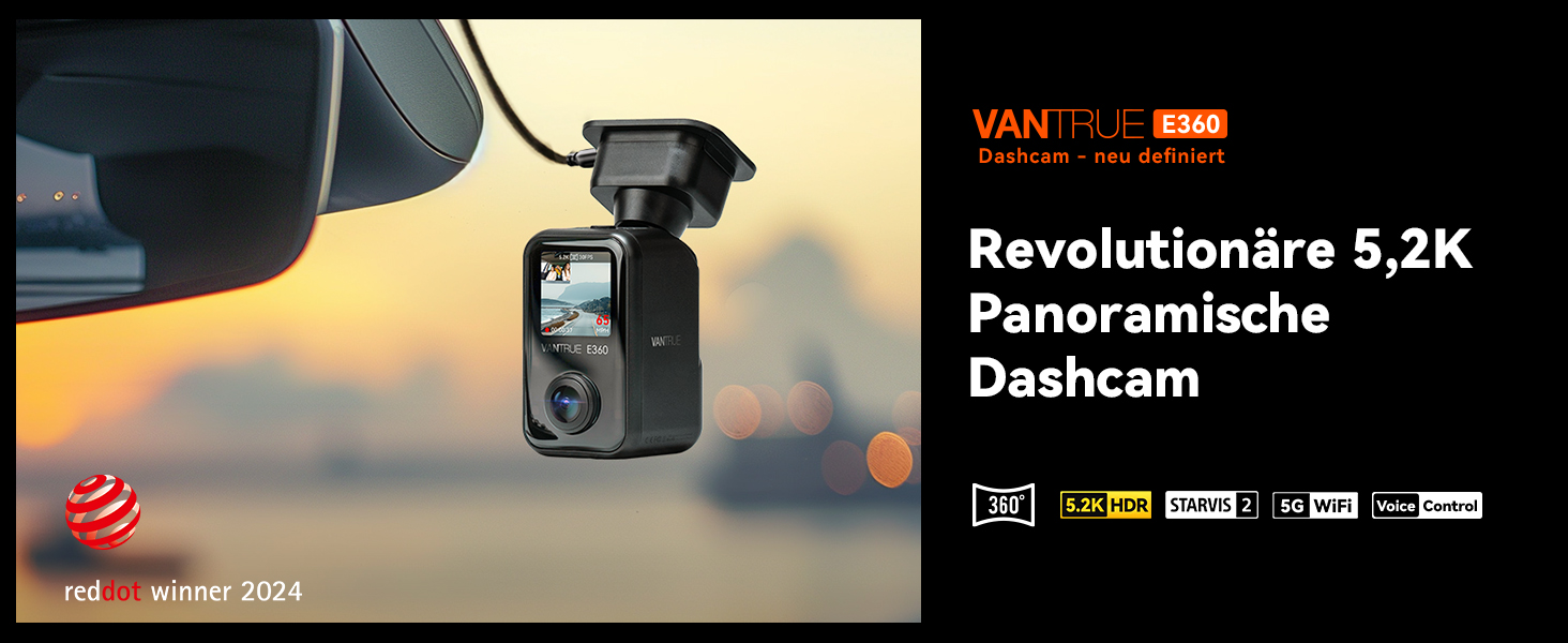 Панорамний відеореєстратор VANTRUE E360 5.2K Dual STARVIS 2 HDR 360°, сенсорний екран 1.54