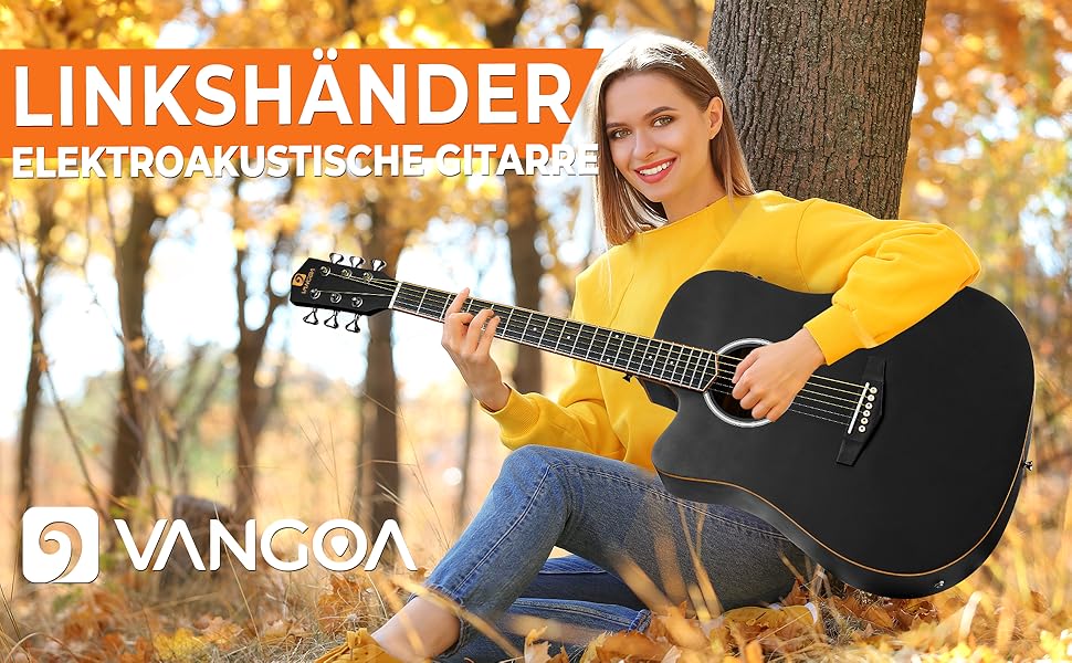 Акустична гітара Vangoa Linkshänder 4/4 для початківців, 41 дюйм, електроакустична, чорна (з кейсом)