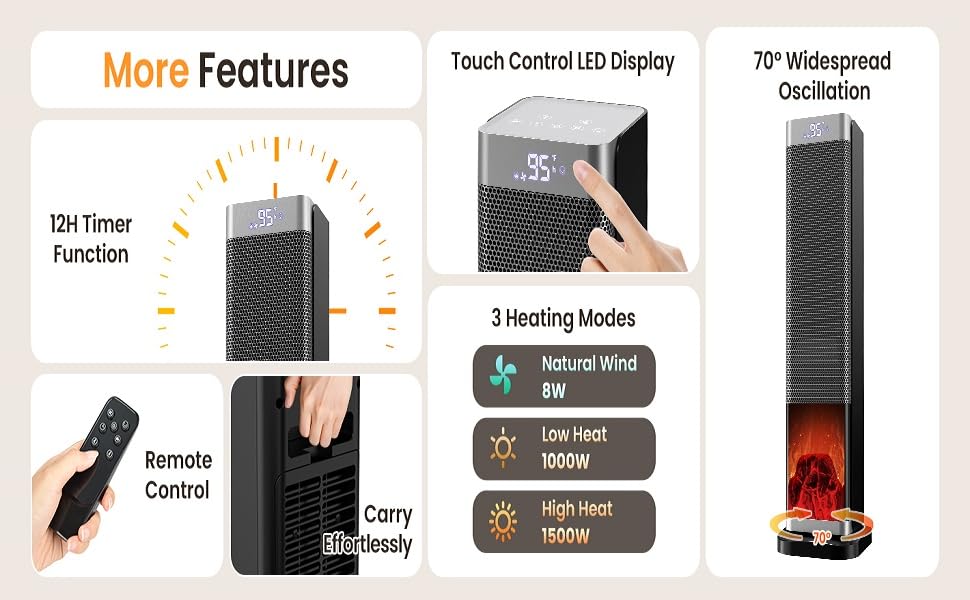 Електрична теплова гармата з пультом керування 2000W, 23 дюйми, 70° осциляція, 3D-полум'я, LED-дисплей, ECO-режим, таймер 12 годин - для дому, колір сріблястий