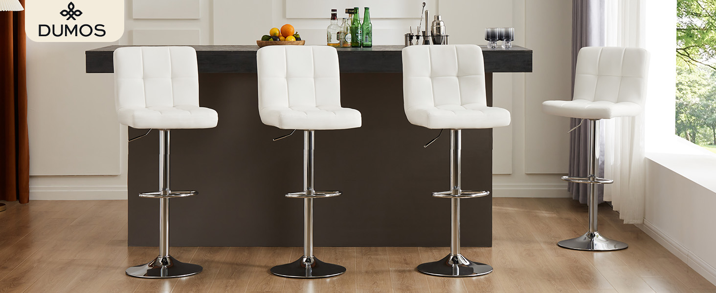 DUMOS 2-Piece Adjustable Bar Stool Set - Modern Style Metal Bar Stools for Kitchen, Bar, and Living Room (White)