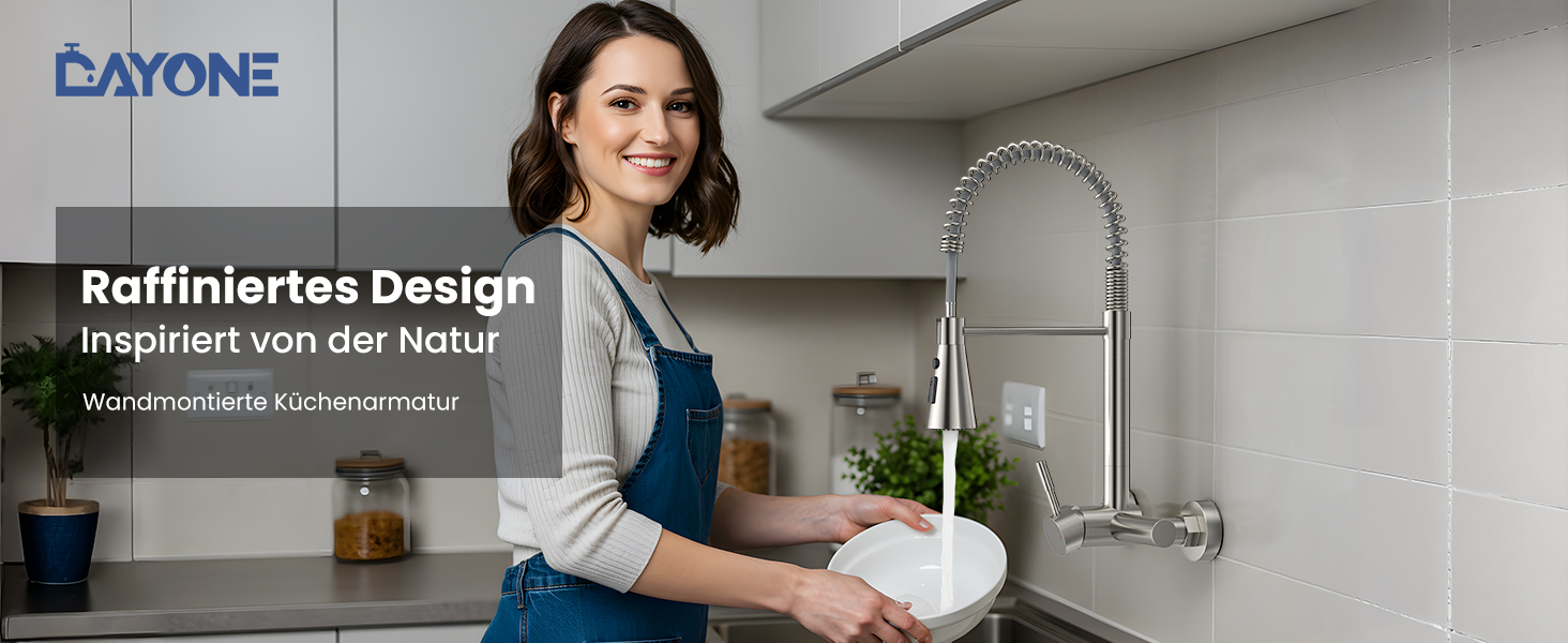 Змішувач кухонний настінний DAYONE з висувною лійкою, нержавіюча сталь, 3 режими, 360° обертання, відстань між отворами 15 см, матовий