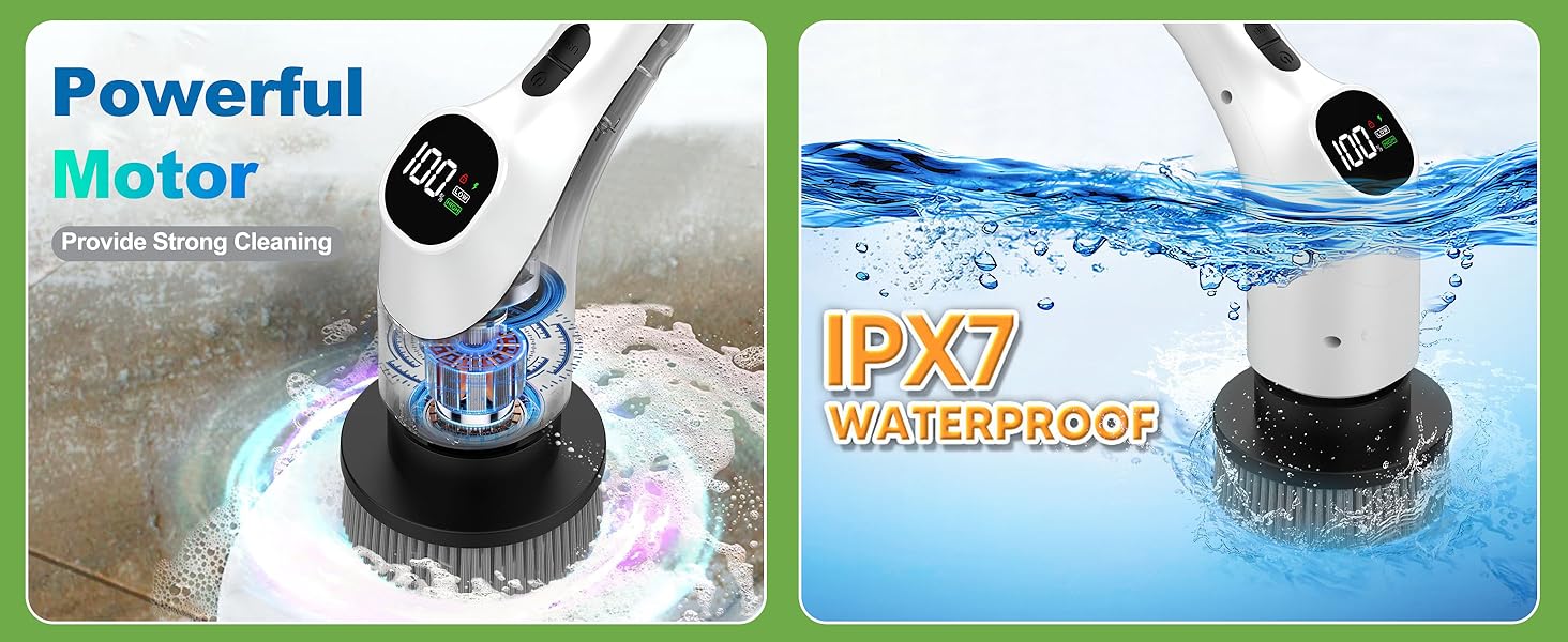 Електрична щітка для чищення з 7 насадок, IPX7 водонепроникна, регульована ручка, для ванної кімнати (біла)