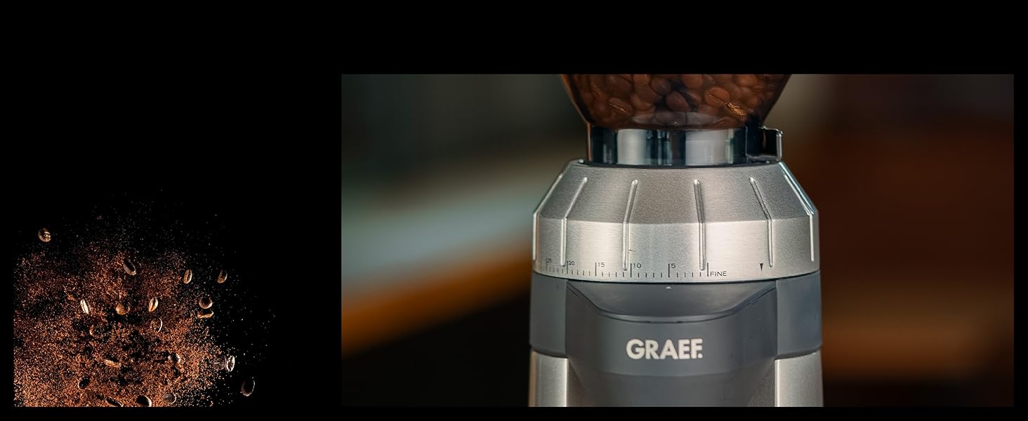 Електрична кавомолка GRAEF CM800 з алюмінієвим корпусом, контейнер для зерен 350г, конічний жорно з нержавіючої сталі, 40 ступенів помолу, для еспресо, антистатичний вставка, алюмінієве лопатечкове колесо, 128 Вт, срібна