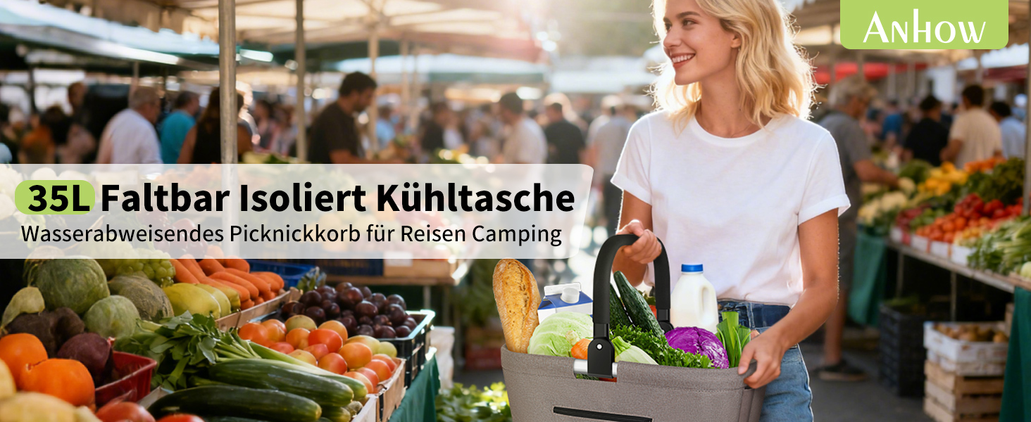 Складаний кошик для покупок 35L з 2 стійками, стабільний сімейний кошик з алюмінієвою ручкою, водонепроникний кошик для пікніка, практичний кошик для перенесення, великий для подорожей, кемпінгу, покупок, подарунка - Хакі