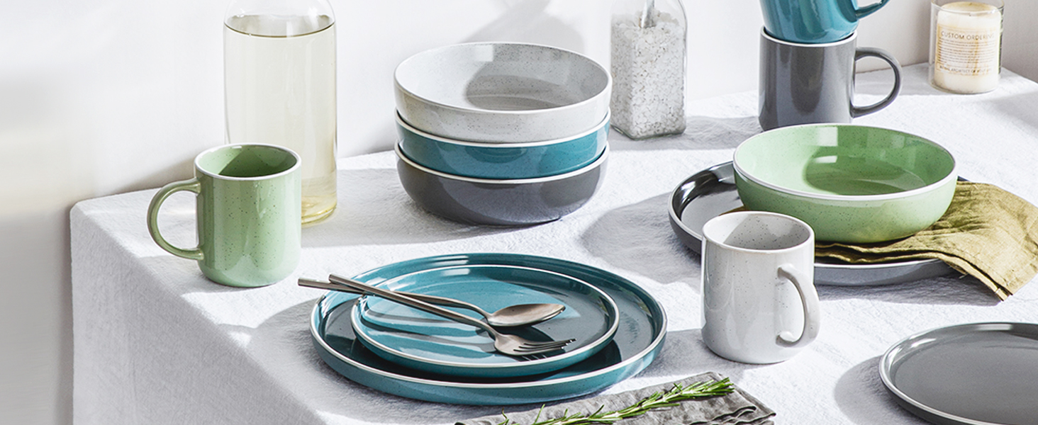 Набір посуду Vancasso SESAM Serie (16 предметів) – керамічний сервіз для 4-12 осіб, скандинавський дизайн (темно-сірий, сірий, блакитний, зелений)