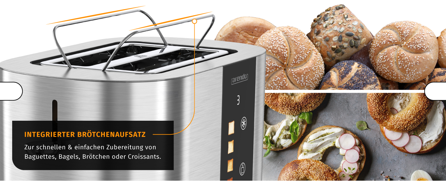 Тостер Arendo з нержавіючої сталі, 2 відділення, сенсорний дисплей, 800 Вт, підставка для булочок, 6 рівнів підсмажування, центрування хліба, таймер, пам'ять (C: Steelsilver)