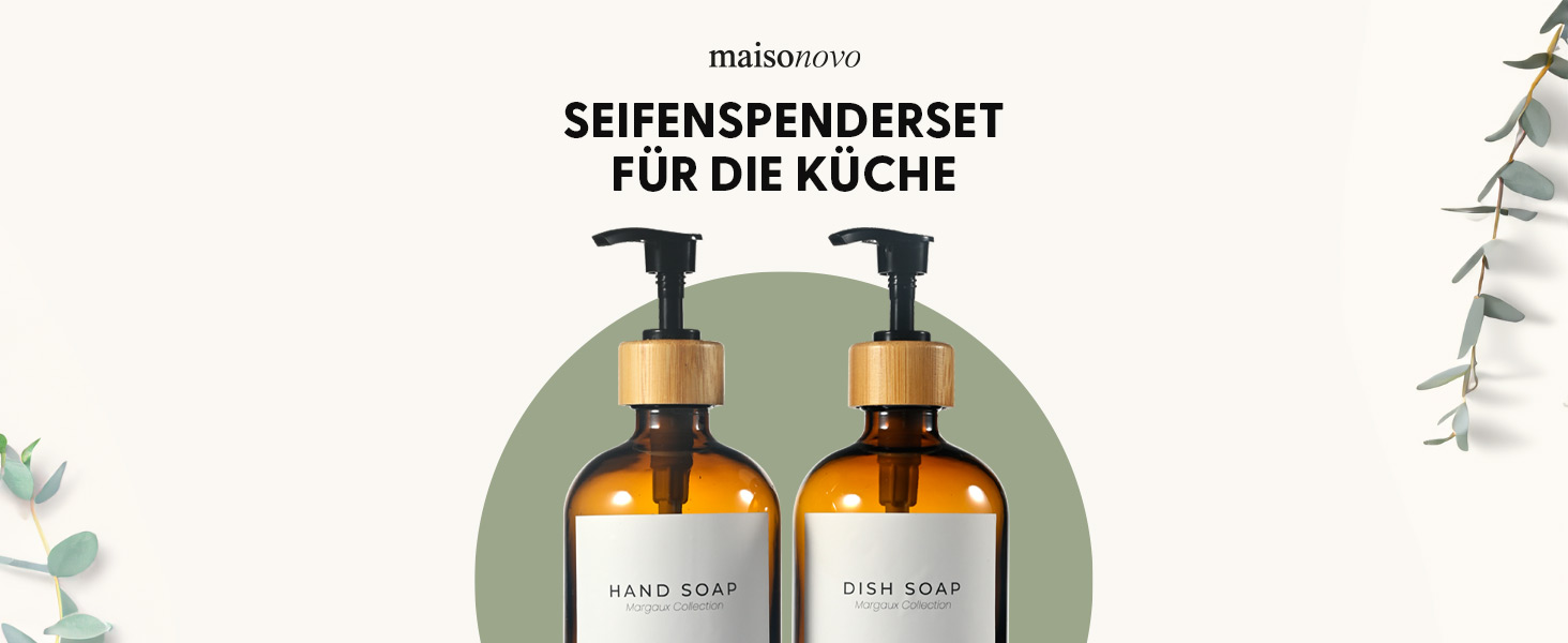 Набір дозаторів для мила та рідкого миючого засобу MaisoNovo: 2 скляні дозатори (500 мл) + 1 коричневе скло, біла бамбукова помпа