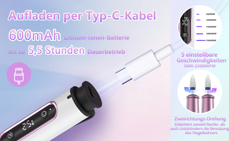 Електричний фрезер для нігтів Denabuty DN-2502Z Violett: 12-в-1, USB, 5 швидкостей, манікюр/педикюр