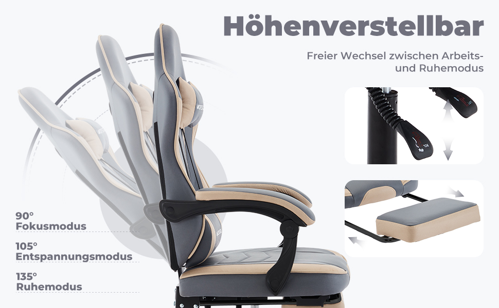 Геймерське крісло Ergonormic з підставкою для ніг, регульованою підтримкою спини, темно-сіре (синьо-бежеве)
