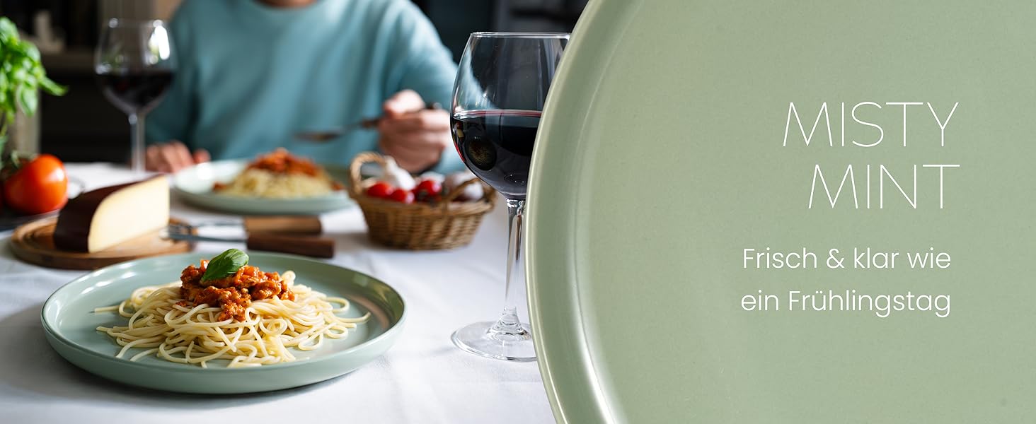 Набір посуду Feinsteinzeug на 6 осіб (18 предметів) — міцний, стійкий до подряпин, бежевий глянцевий | Столовий посуд, тарілки, миски — Magnetiks (Misty Mint, 18 предметів)