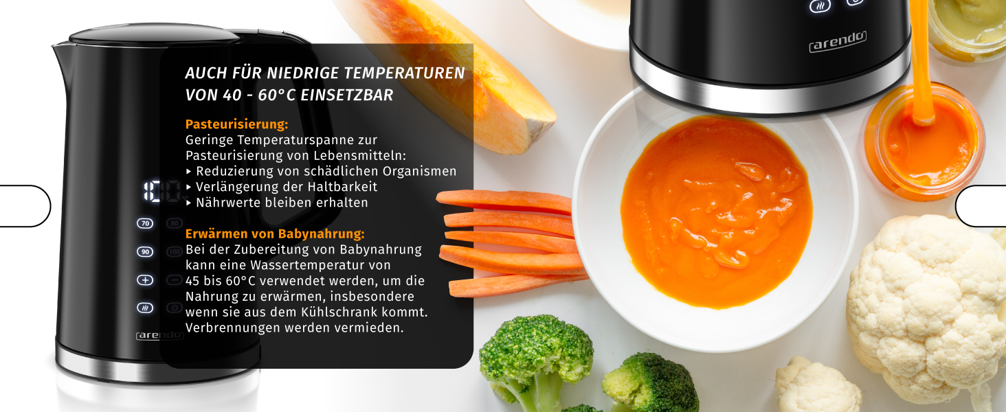 Електричний чайник Arendo з регулюванням температури, нержавіюча сталь, подвійні стінки Cool Touch, дисплей, бездротовий, 2200 Вт, 1,7 л, захист від перегріву, функція підтримання тепла, чорний