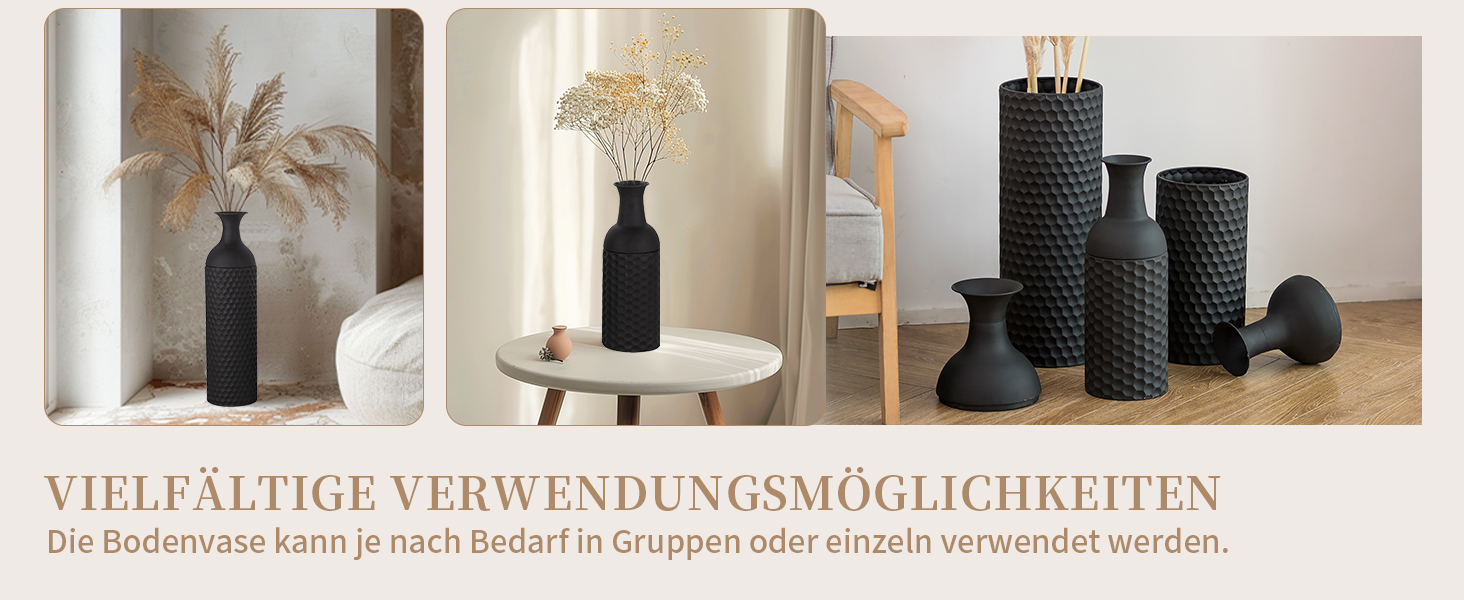Vintage Black Tall Floor Vase Set of 3 - 68/51/41cm Metal Honeycomb Texture Matte Decorative Vase for Living Room, Dining Room, Bedroom, Office & Home Décor