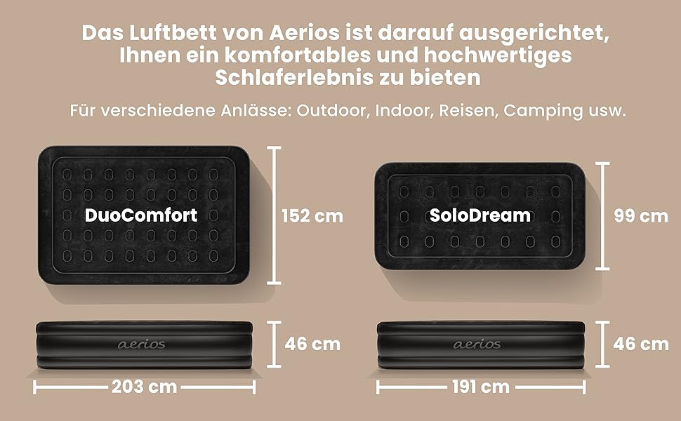 Надувне ліжко Aerios для 2 осіб з самонадувною системою | Преміум гостьове ліжко без кабелю живлення з інтегрованим USB-C насосом | Надувне ліжко, вибір розміру (Чорний, двоспальне)