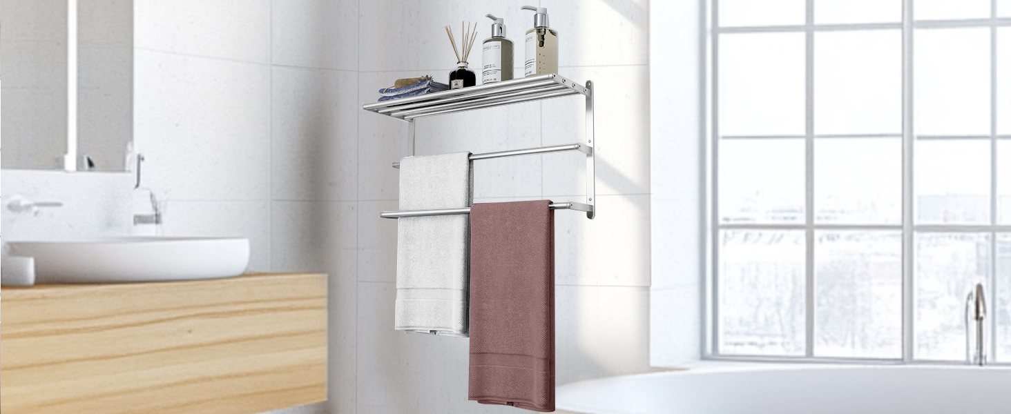 Тримач для рушників у ванну кімнату – 61 см, полиця для рушників з подвійною перекладиною, нікельована сталь, кріплення на стіну, 2-ярусний, для ванної кімнати та туалету