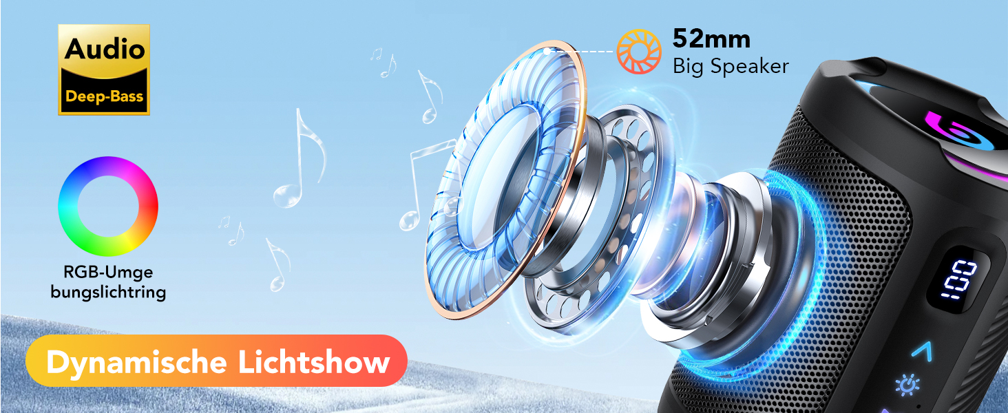Bluetooth колонка з підсвіткою 2026 Musikbox: Портативна колонка Bluetooth 5.4, 15 Вт, Покращений бас, IPX7 водонепроникна, для подорожей, спорту, вечірок, велосипедів, Чорний