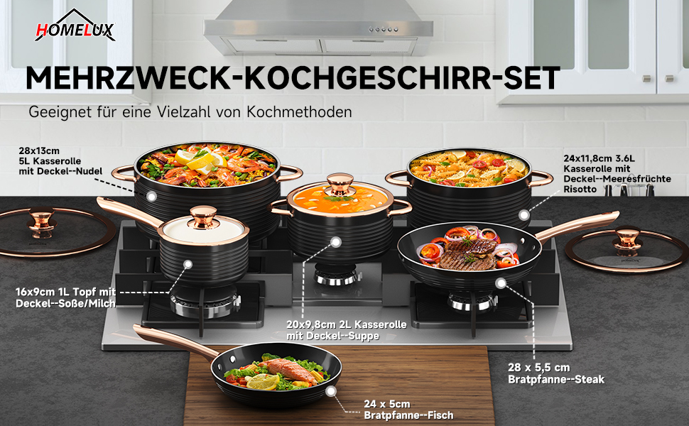 Набір каструль та сковорідок HOMELUX Induktion, 12 шт., алюміній, антипригарне покриття, з кришкою, для індукційних плит, PFOA & PFOS-free
