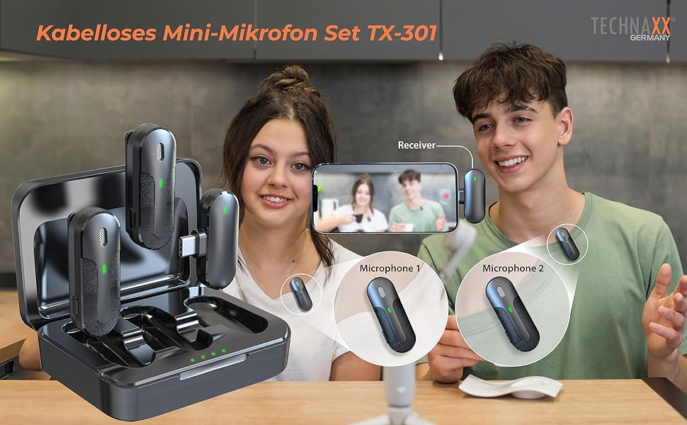 Technaxx Dual Wireless Mini Мікрофонний Набір TX-301 – 2 бездротові петличні мікрофони з шумозаглушенням, USB-C приймач, зарядний кейс, кліпса – для подкастів та запису звуку