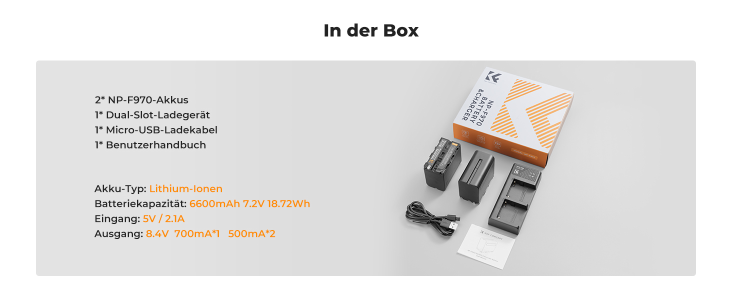 K&F CONCEPT NP-F970: 2 акумулятори 6600mAh та LED-зарядний пристрій (сумісний з Sony NP-F550, F570, F750, F770, F930, F950, F960, F970) для LED-ліхтів, моніторів та камер