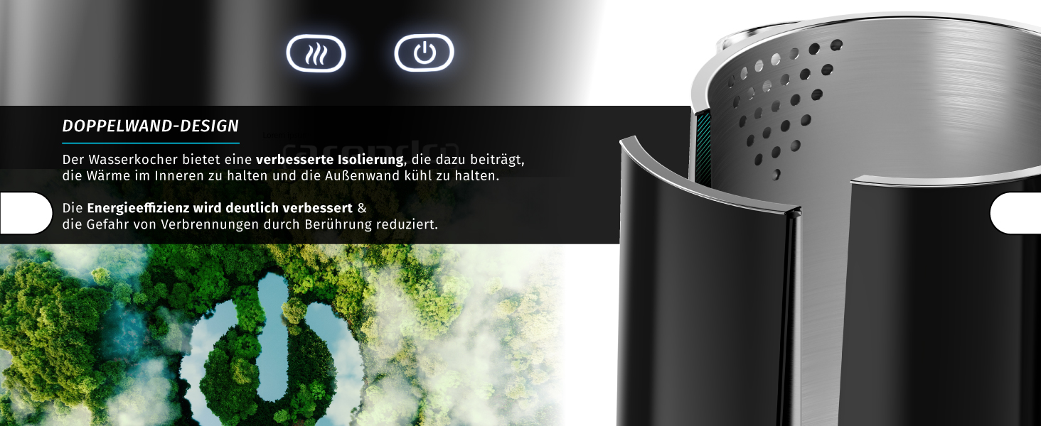 Електричний чайник Arendo з регулюванням температури, нержавіюча сталь, подвійні стінки Cool Touch, дисплей, бездротовий, 2200 Вт, 1,7 л, захист від перегріву, функція підтримання тепла, чорний