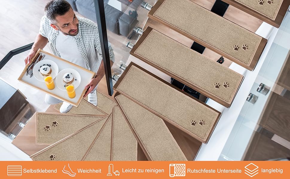 BEQHAUSE Non-Slip Stair Treads - 15 Piece Set, Washable Carpet for Stairs - Safe for Kids, Seniors & Pets - 22x70cm Beige
