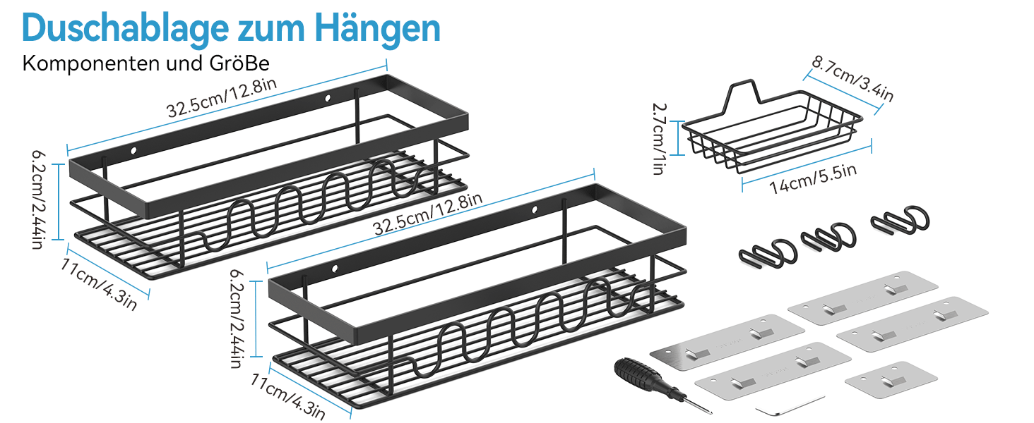 Поличка для душу без свердління, 3-секційний органайзер для душу з регульованими кошиками, нержавіюча сталь - Максимальний простір для зберігання з мильницею та 3 гачками для душу, ванної, кухні, балкону - Підставка для душу без свердління