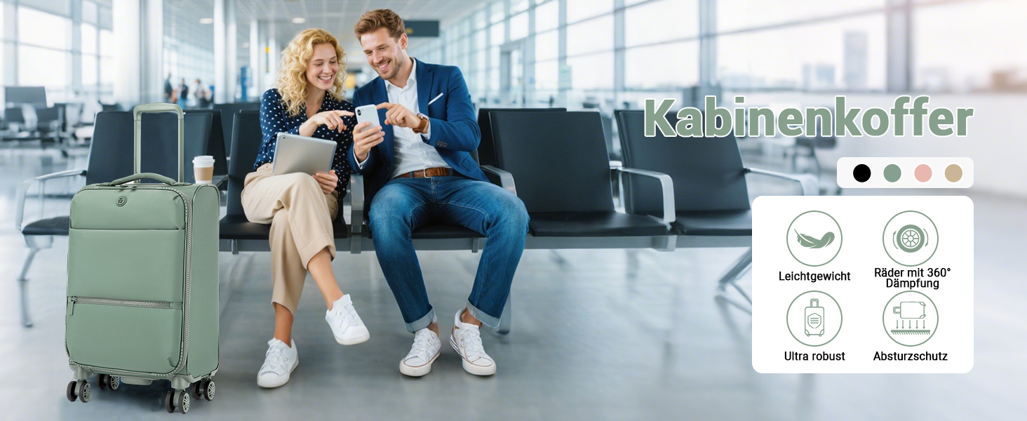 Чемодан Miss Lulu Handgepäck, 59.5 x 36.5 x 25 см, зелений, 32 л, з відділенням для мокрого одягу, на 4 колесах, для подорожей та бізнесу