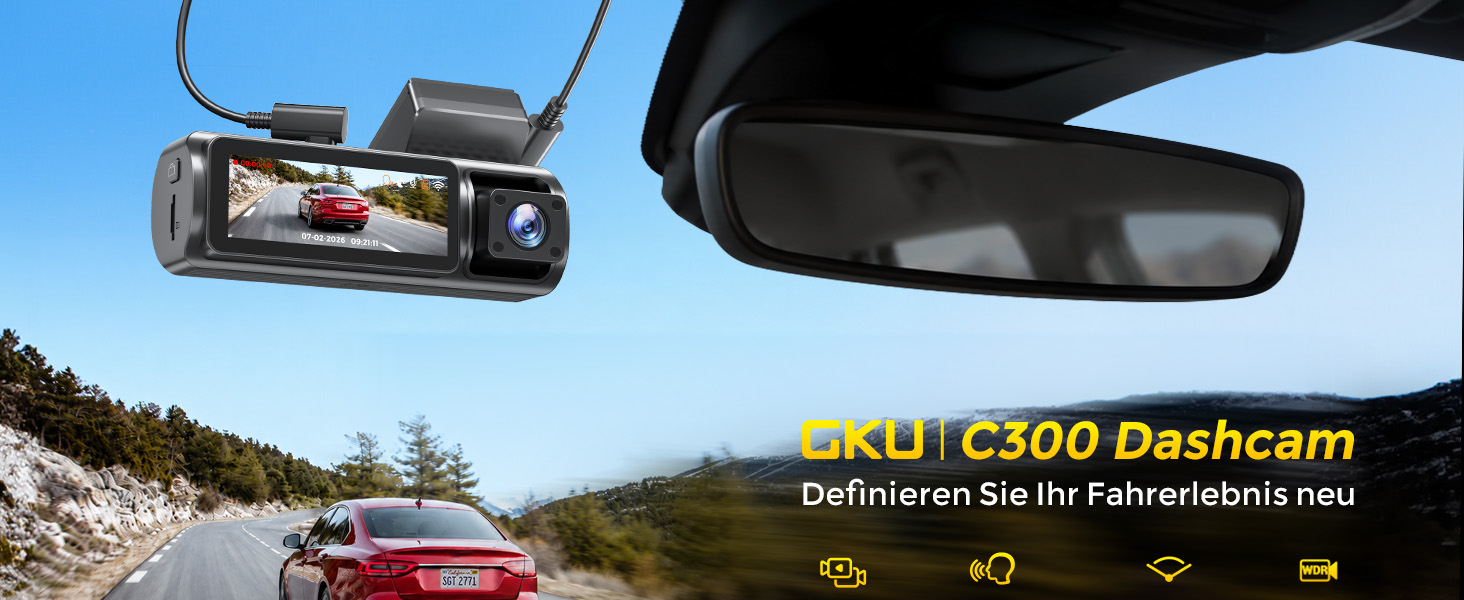 3-канальний автомобільний відеореєстратор GKU C300 4K+1080P+4K, передня, салонна та задня камери, 5.8G WiFi, чорний