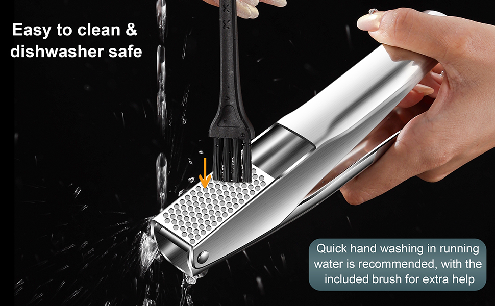 Прес для часнику та імбиру з нержавіючої сталі 18/8, велика чаша, не потребує очищення, стійкий до миття в посудомийній машині, гарантія 5 років