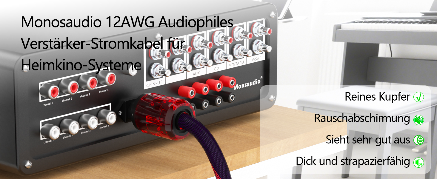 Професійний силовий кабель Profi-Stromkabel 4N OFC (1м) з роз'ємами Schuko та C15, 24K золоте напилення, EMV-екранування для Hi-Fi підсилювачів та CD-плеєрів