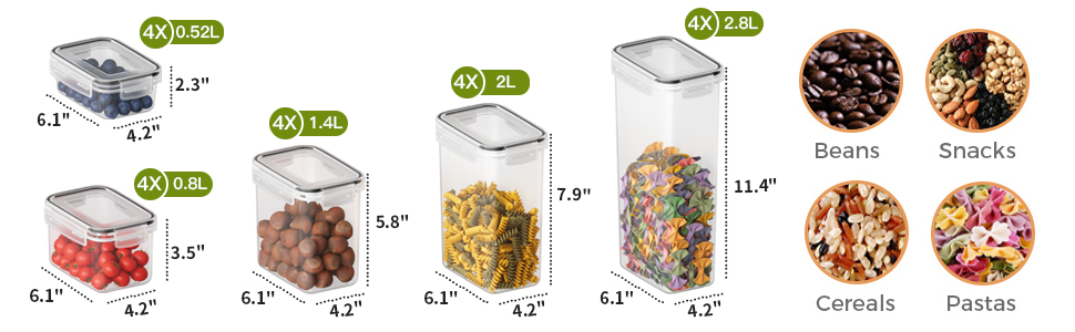 Набір контейнерів для зберігання Withosent 20 шт. з герметичними кришками, 2.8L, 2L, 1.4L, 0.8L, 0.52L - для кухні, круп, мюслі, борошна