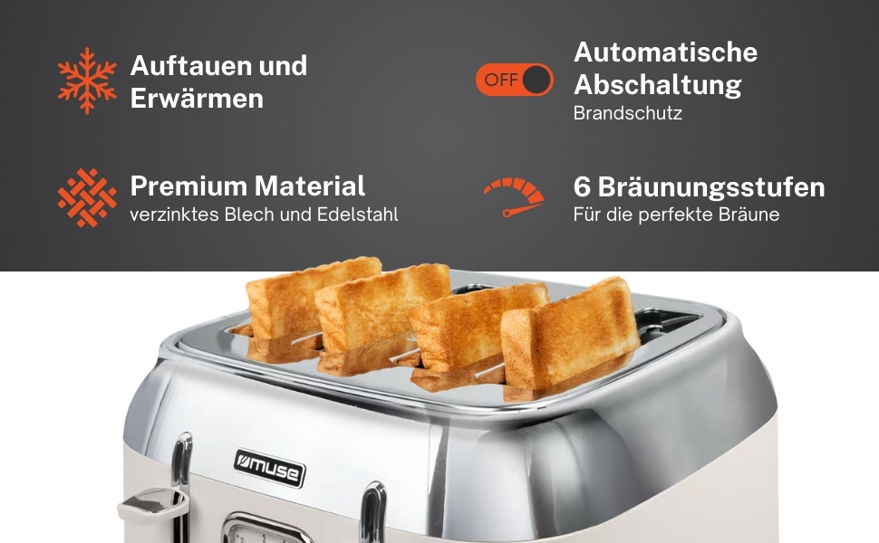 Тостер Muse MS-131 BC Beige: 4-х місний, з регулюванням ступеня підсмажування, ретро-дизайн, з підсвічуванням та крихкозбирачем