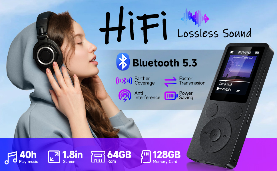 MP3 плеєр 32GB з Bluetooth 5.3 та динаміком, FM-радіо, диктофон, HiFi звук, фізичні кнопки керування, чорний