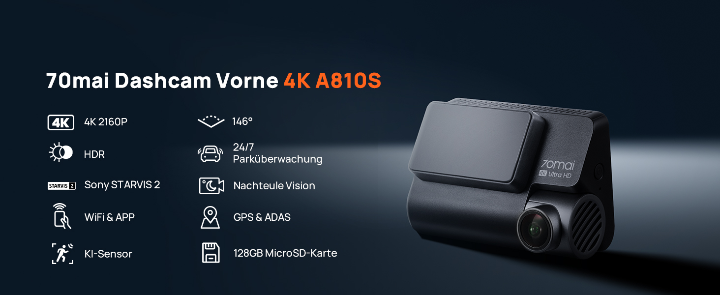 Автомобільний відеореєстратор 70mai A810S 4K з HDR, нічним баченням STARVIS 2, ADAS та карткою пам'яті 128ГБ, 24/7 моніторинг паркування