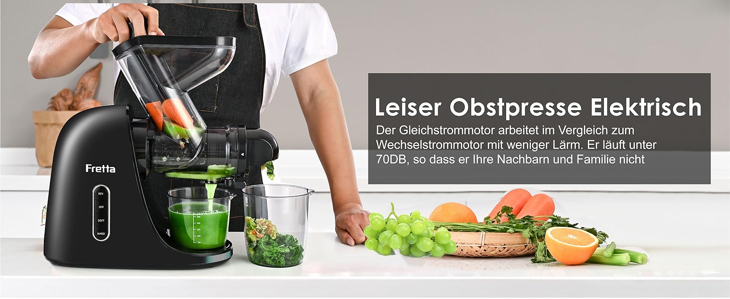 Фреш-прес Fretta Slow Juicer: холодний віджим, 200W, для овочів та фруктів, чорний